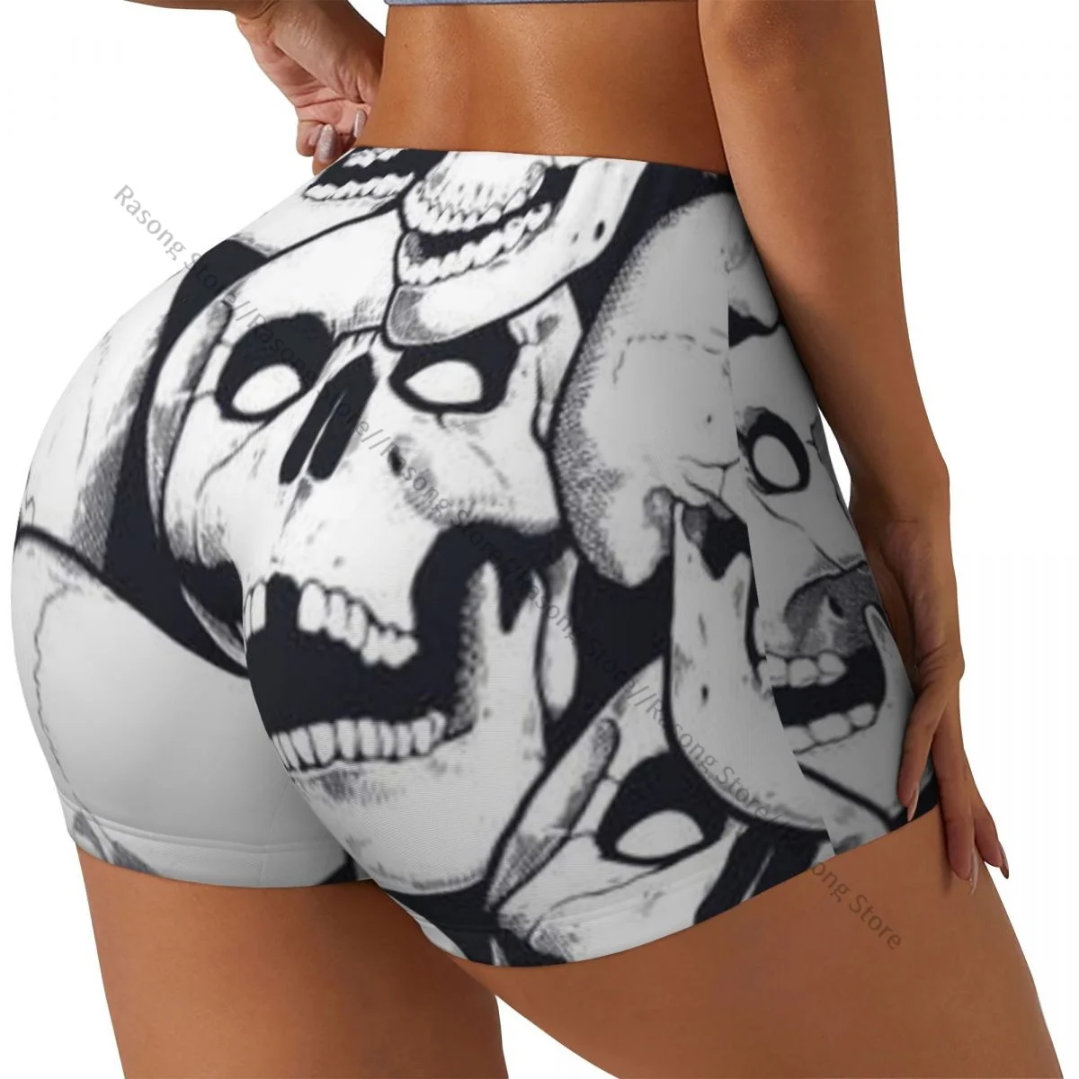 Women's Yoga Shorts Monochrome Engraving Skulls Scrunch Booty Butt Lifting Comfort Fitness Gym