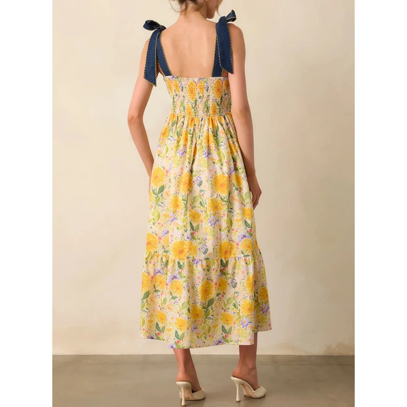 Combhasaki Abito lungo da donna estivo con spalline larghe, fiocco legato, collo quadrato, stampa floreale, smock, senza schienale, fluido, a trapezio