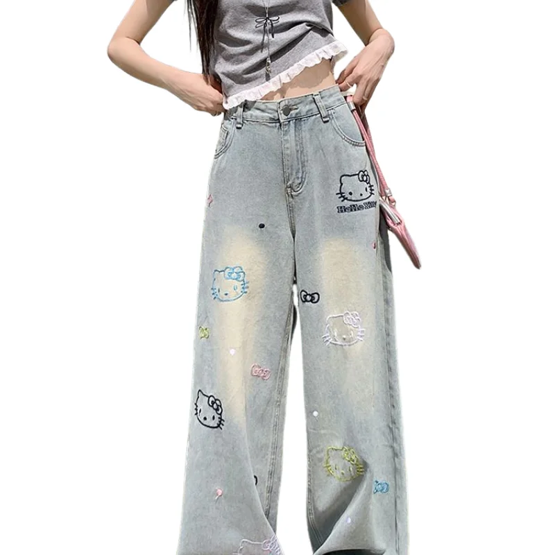 سانريو مرحبا كيتي أنيمي الجينز بنطلون للنساء صيف 2025 جديد الكورية موضة عالية الخصر مستقيم الرجعية عادية الدينيم السراويل