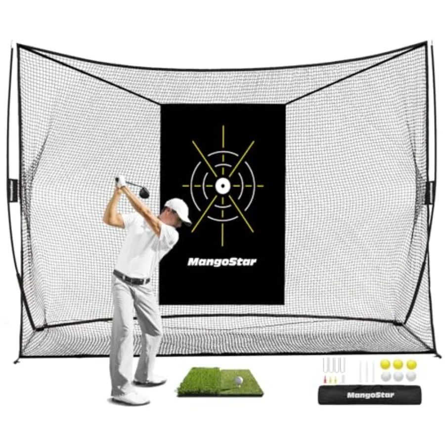 

Golf Net, 10x7ft Heavy Duty Golf Practice Net for Backyard Driving Real Golf Balls with Mat, Target Cloth, 7 Tees, 6 Balls, Car