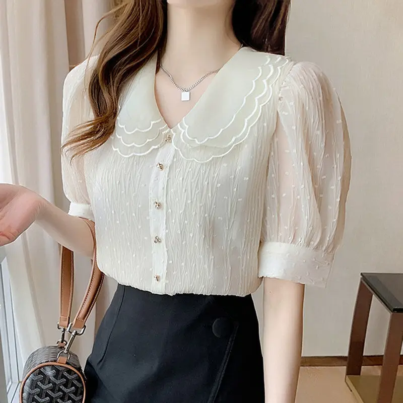 

Short-sleeved Chiffon Blouse Women's Summer New Fashion Doll Collar Thin Top