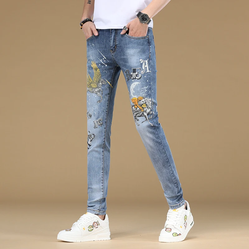Fashionable all-match high-end printed men's jeans men's slim fit skinny stretch2024summer new blue color long pants