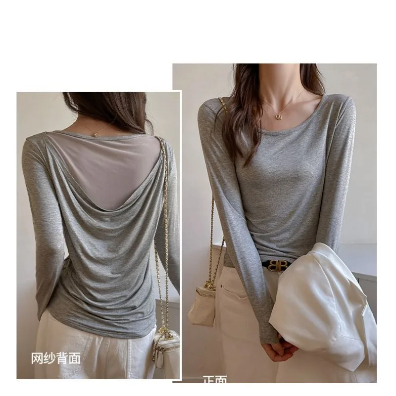 Camicia con fondo grigio T-shirt a maniche lunghe con scollo tondo in rete per donna Top con fondo temperamento a maniche lunghe senza schienale con cuciture