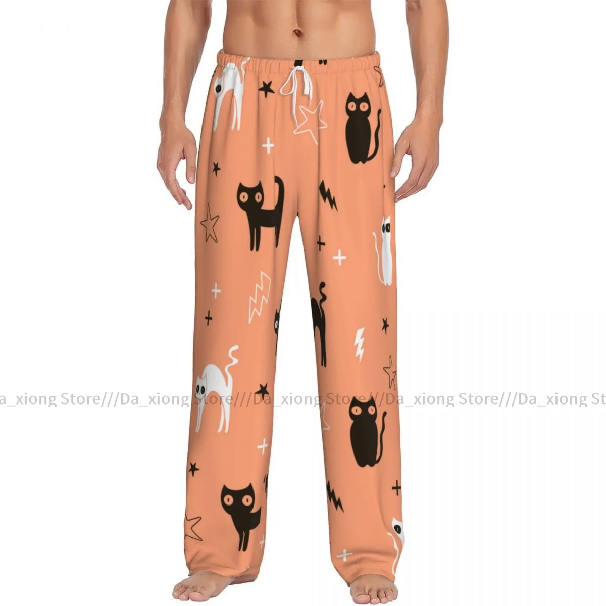 Mens Casual Pajama Long Pant Loose Elastic Waistband Halloween Cats Cozy Sleepwear Home Lounge Pants