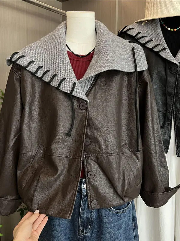 韓国 Sle ネイビーカラーニットスプライシングレザー Jaet 女性の秋の新デザインハイエンド Aosphere レザーコート