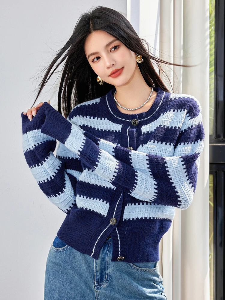 Autumn Winter Fashion Striped Cardigans Sweater Loose O-neck Single Breasted Sweater Coat Female Knitting Tops Jacket