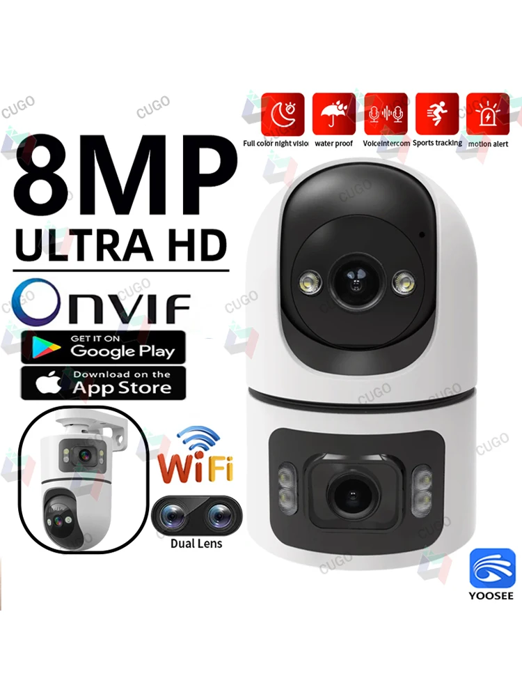 Caméra IP WiFi YOOSEE 8MP à double objectif avec écran, détection de mouvement, suivi automatique, audio bidirectionnel, Onvif, zoom 10X, surveillance de sécurité, caméra HD CCTV