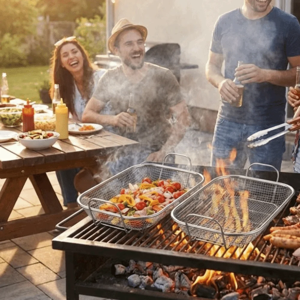 

Stainless Steel Square BBQ Grill Basket Mesh Square Drain Basket Thickened Vegetable Washing Basket Household Baking