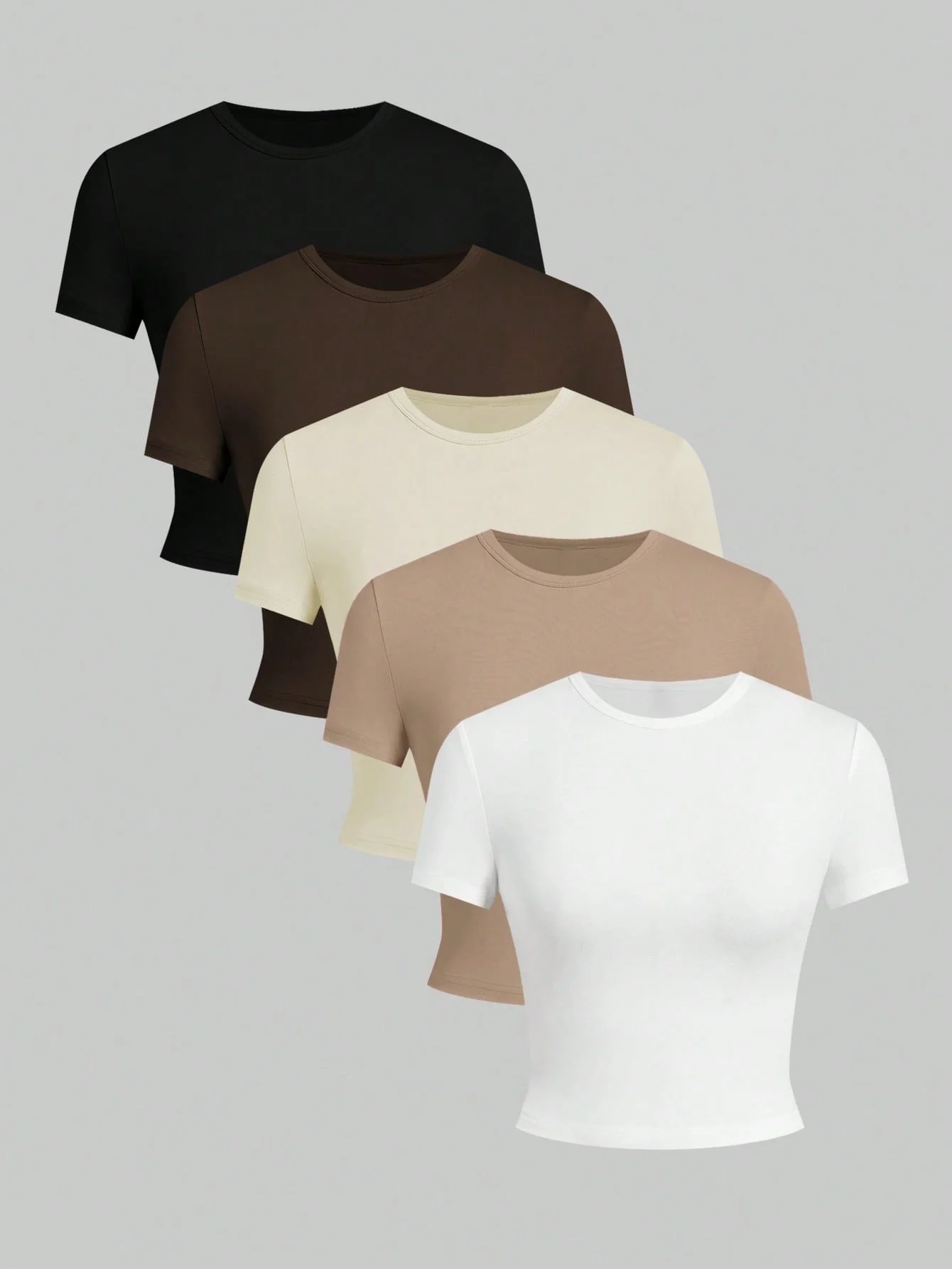 

Модная женская футболка из 5 предметов, повседневная однотонная футболка с короткими рукавами, удобная и модная с круглым вырезом