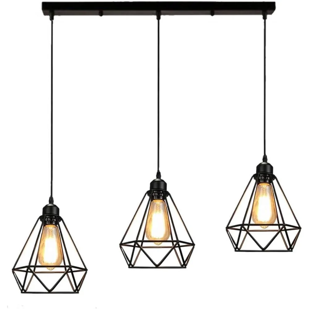 

3-Light Ceiling Pendant Light Vintage Industrial Hanging Lamp Chandelier Black Cage Diamond Shape E27 for Corridor Porch Bedroom