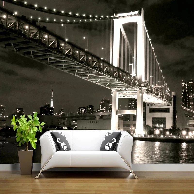 Custom City Night View Bridge Black White 3D Wallpaper Bedroom Restaurant Bar Cafe Mural Living room sofa TV background wall 8d