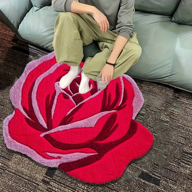 VIKAMA Red Rose Pattern Carpet Irregular Shaped HD Print Double Stitched Non Slip Bathroom Game Room Home Decor Trendy