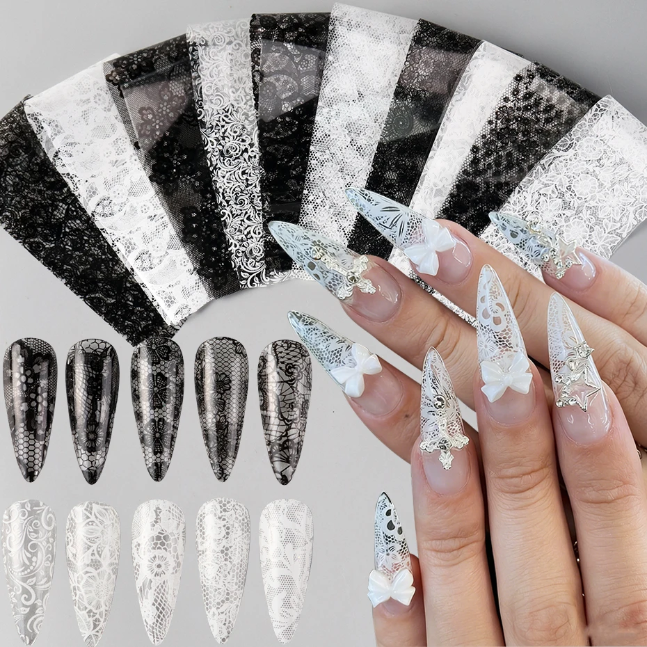 10 peças de Adesivos de Transferência para Unhas com Flores de Renda Pretas e Brancas Elegantes, Decoração de Unhas DIY com Renda Sexy Preta e Branca
