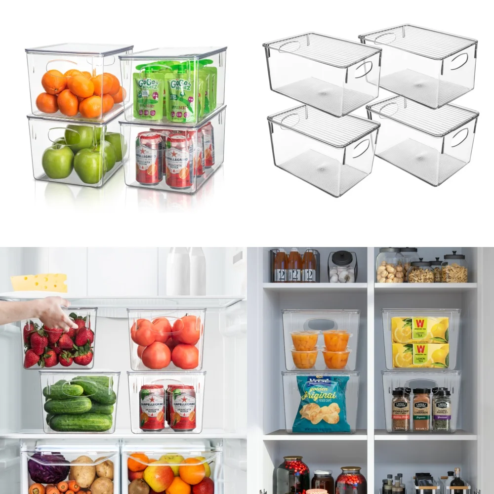 

4 Pack Stackable Bins with Lid Fridge Freezer Organizer Food Storage Containers Kitchen Pantry Organization Clear Plastic Bins