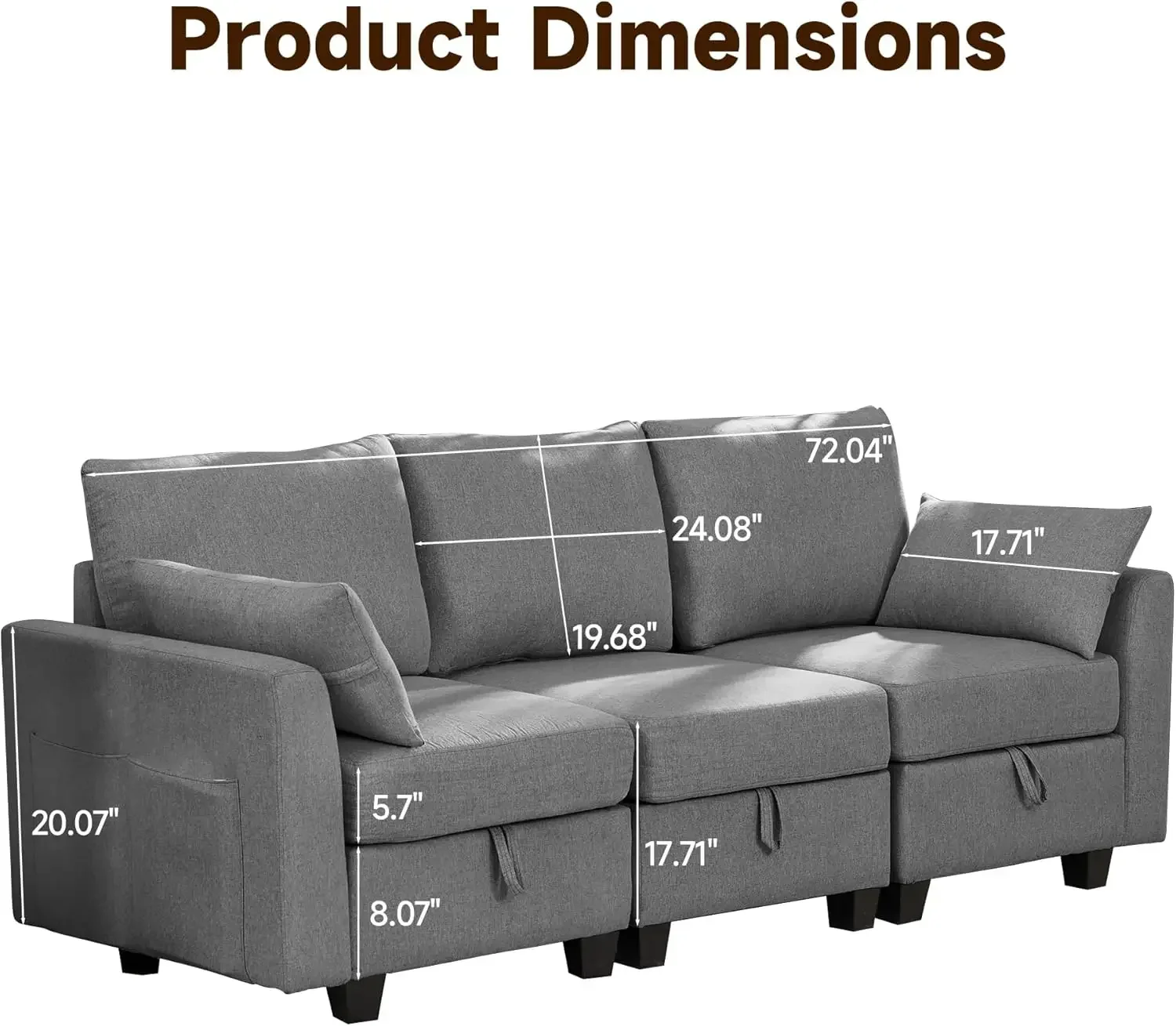 Real Relax 81.5'' Convertible Sectional Sofa Couch, 3 Seats Linen Fabric Modular Sofa with Removable Pillows and Storage Space