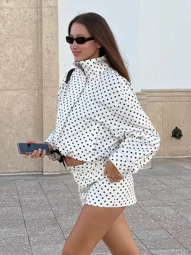 HH Women New Fashion Shorts Suit Polka Dot Zipper Draw Rope Decorate Jacket+Summer Mid Waist Side Pocket Casual Slim Shorts