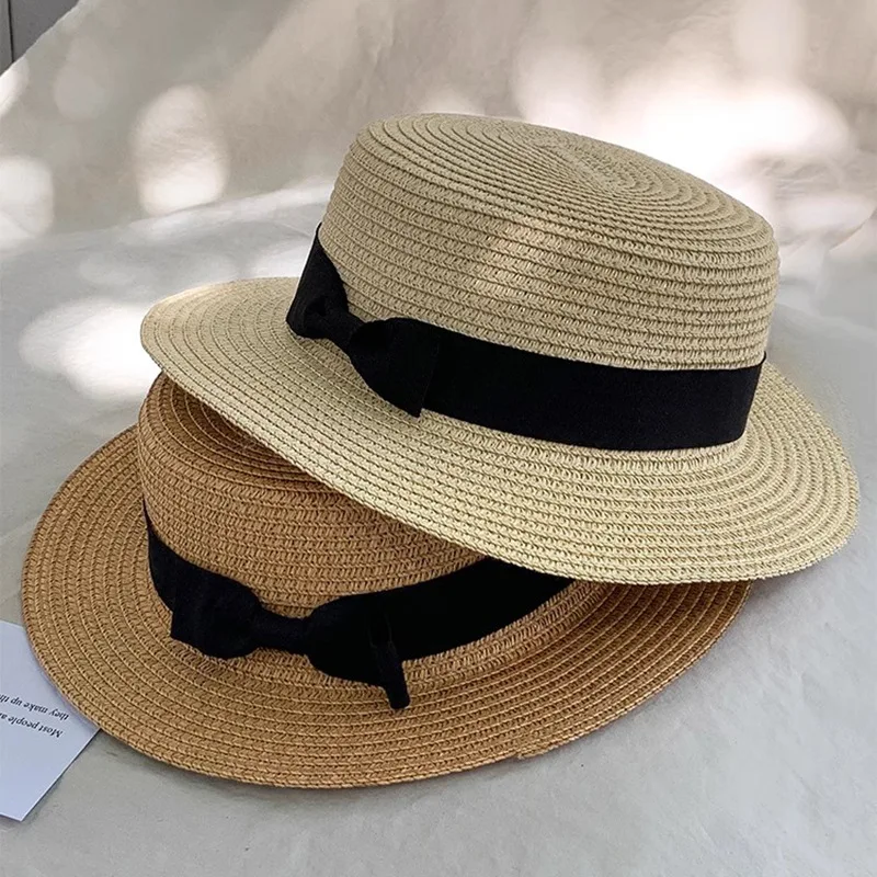 sun protection, sun shading, straw hat, British retro European and American bow tie, flat top small top hat, beach hat