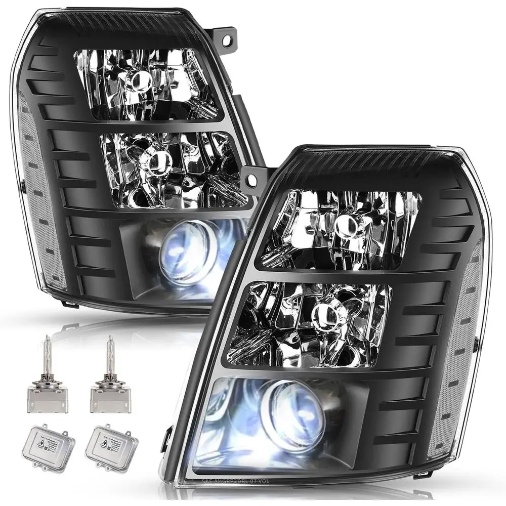

Headlight Assembly Set for 2007-2014 Cadillac Escalade 07-14 HID Projector Headlamps Black and Clear Reflector Xenon Type