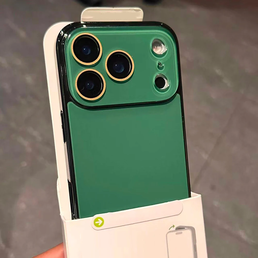 Plating Tempered Glass Lens Protect Case For iPhone Air 17 16 15 14 13 12 11 Pro Max Plus Solid Color Shockproof Glossy Cover