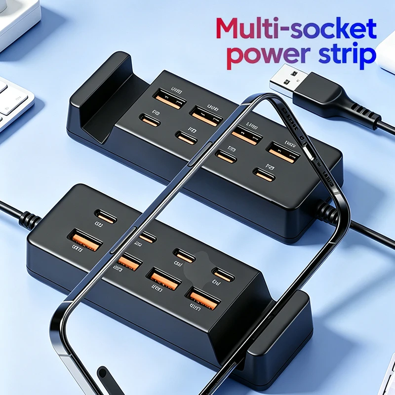 8 IN 1 USB Charger Station 4 USB-A 4 USB-C Fast Charger Multi Ports Power Strip Adapter Socket With Cable HUB For Home Office