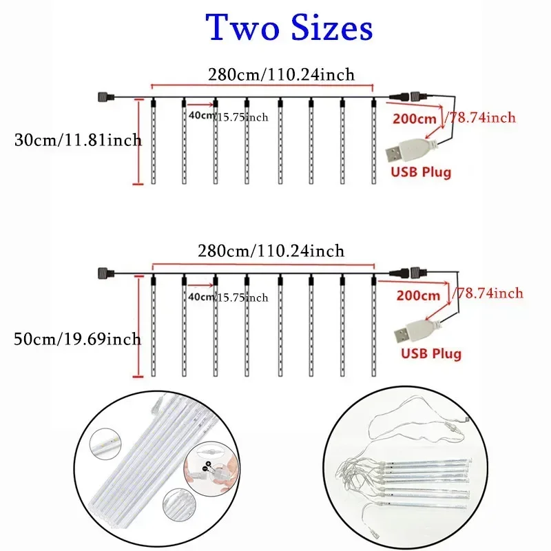 Outdoor USB Meteor Shower Lights 8 Tubes LED Hanging String Light for Garden Tree Holiday Christmas Wedding Party Decoation Lamp