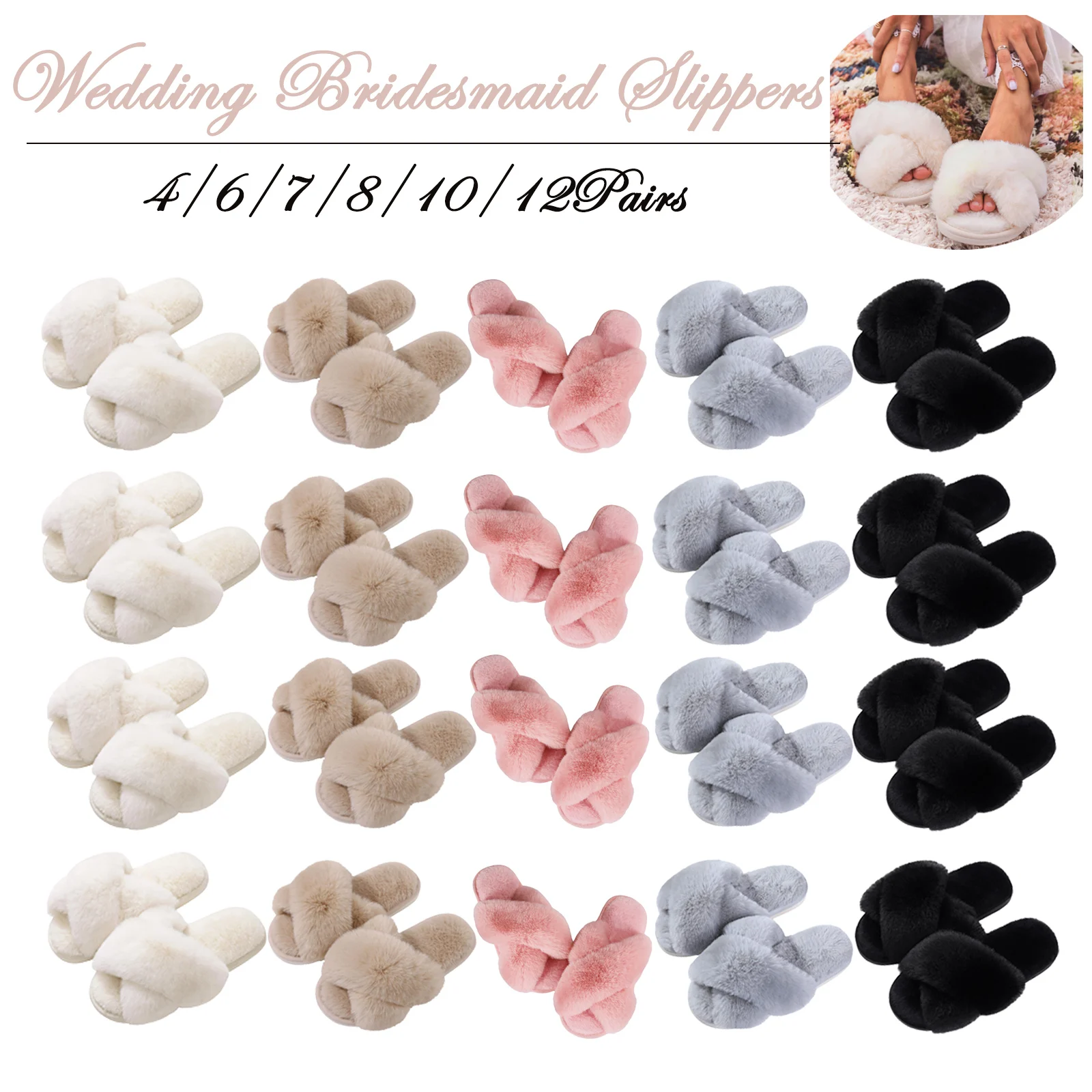 4-12Pairs Wedding Bridesmaid Slippers Bride Slipper Women\'s Fuzzy Open Toe Slippers for Bridal Shower Bachelorette Party Gifts