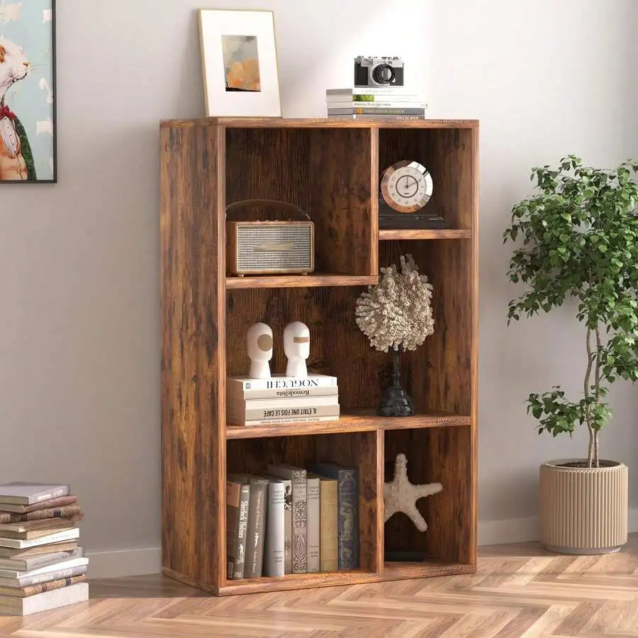 VECELO, Widened Version, 3-Tier Five Open Cube Wooden Bookcase Organizer, Bookshelf, Book Storage