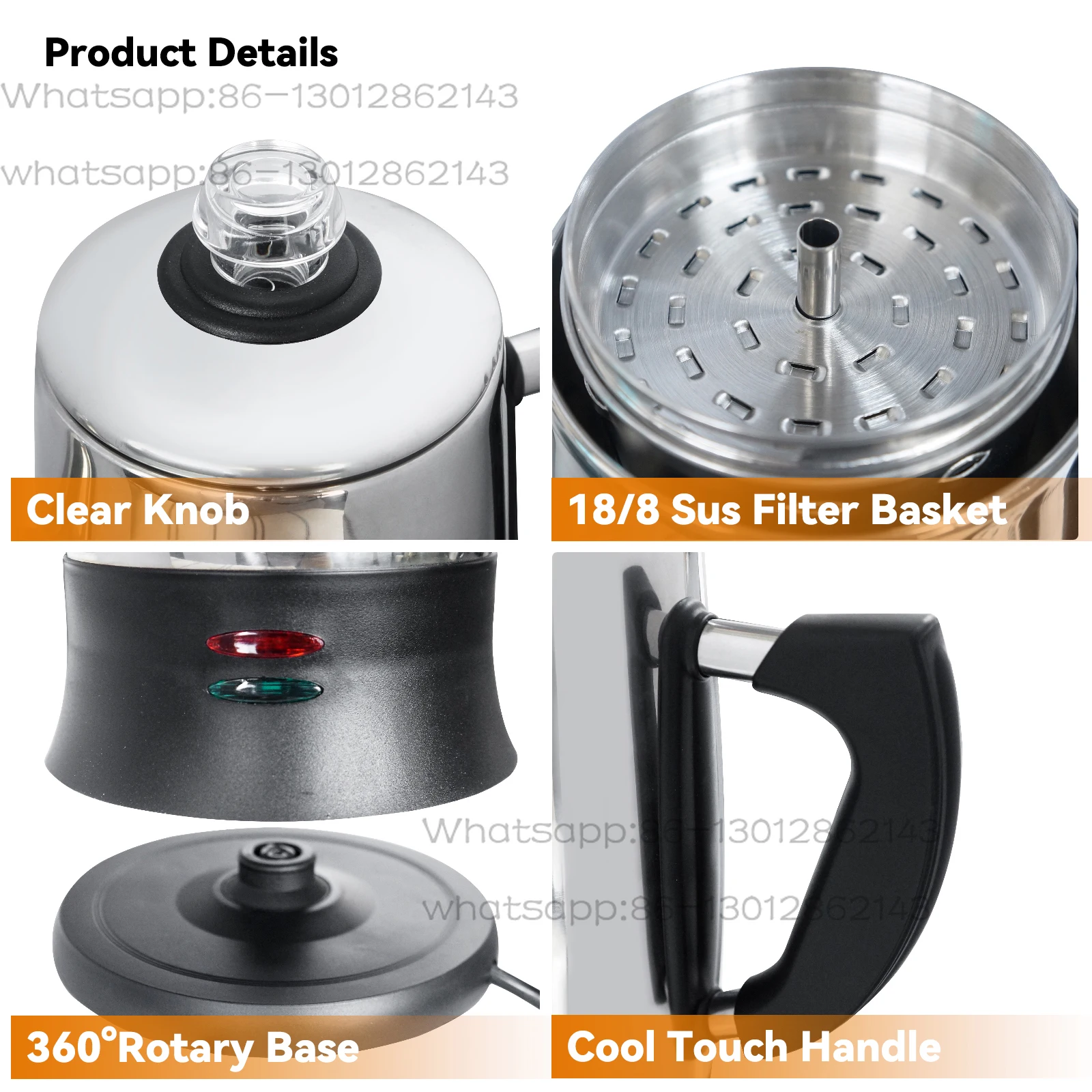 1.8L Electric Coffee Percolator 12 Cup Stainless Steel Coffee Pot with Keep Warm Function Reusable Filter Basket Coffee Maker