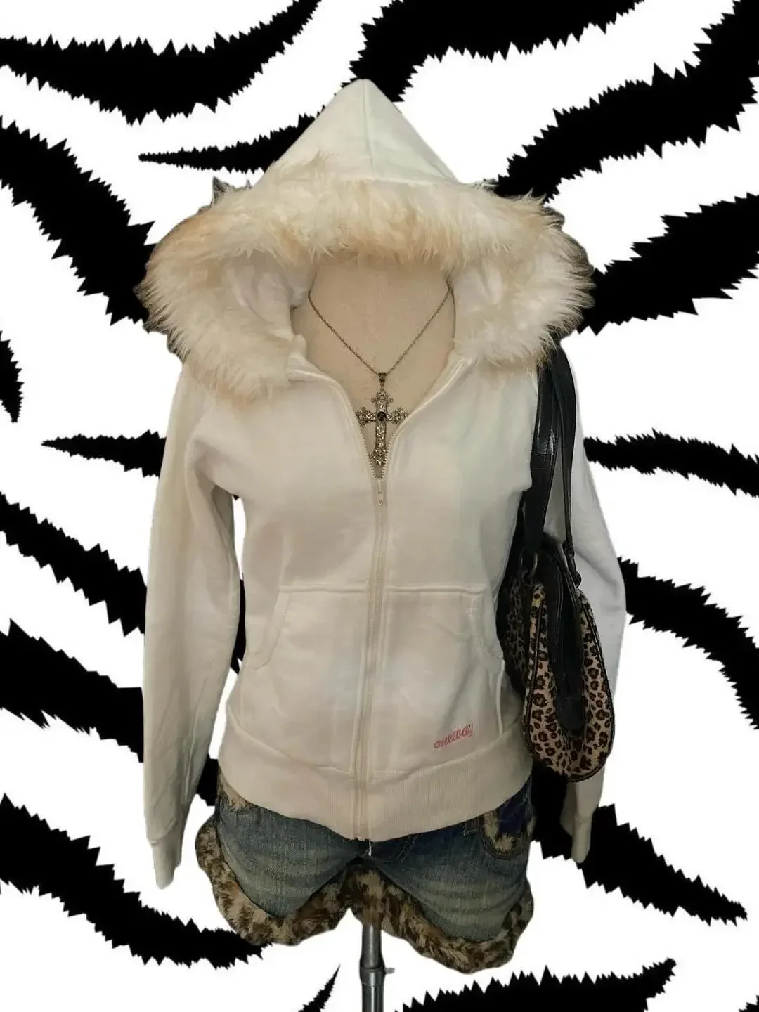 Y2K American simple solid color fur collar gothic slim hooded sweatshirt hip-hop Harajuku classic design Korean couple jacket