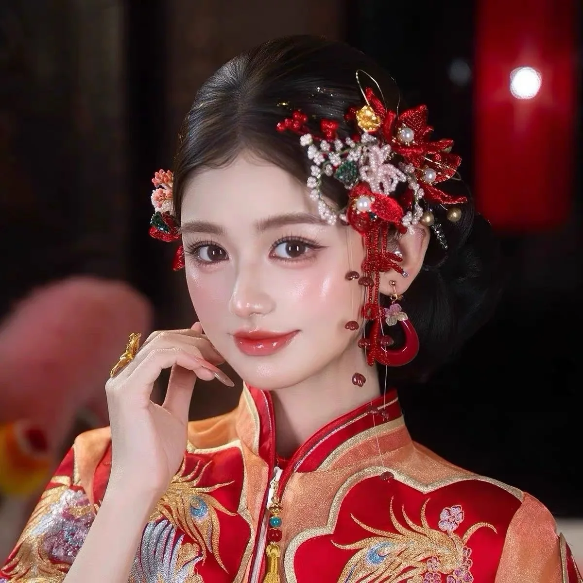 Red Filigree Floral Edge Hair Clip for Bridal Chinese Style Wedding Accessory Ancient Hanfu Ornament for Cheongsam Traditional