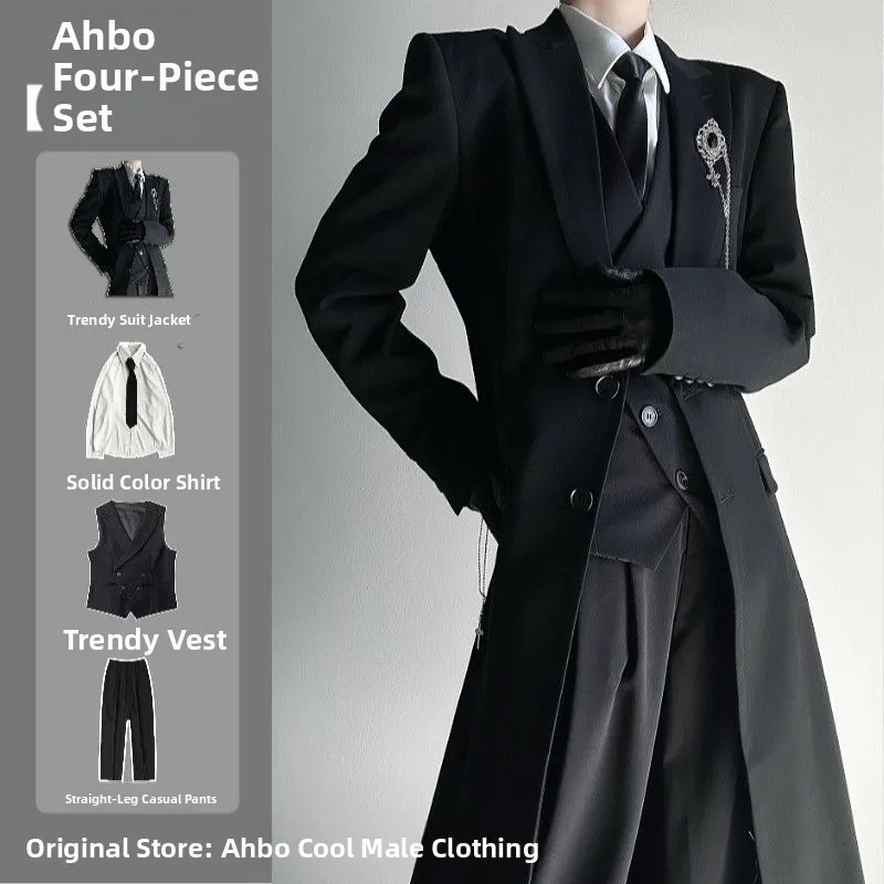 2026 New Long Style Yamamoto Wind Suit Jacket Neutral High-End Black Shoulder Leveling Coat Windbreaker Four-Piece Set for Teens
