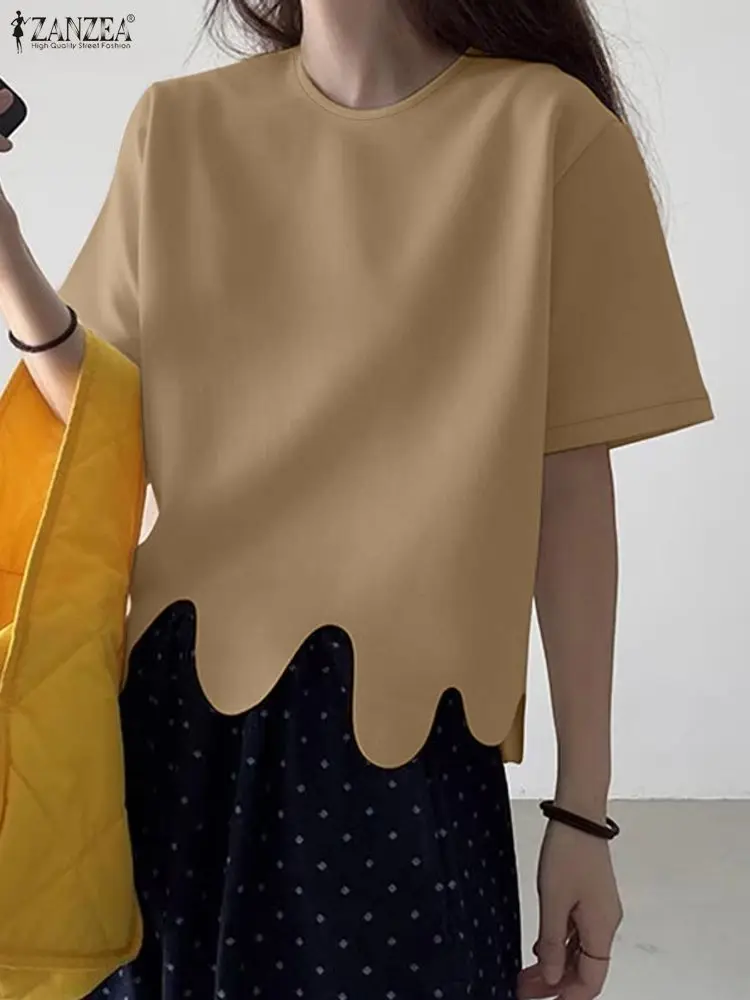 2025 Stylish Summer Blouse ZANZEA Women O Neck Short Sleeve Tops Elegant OL Work Shirt Solid Mujer Female Irregular Hem Blusas