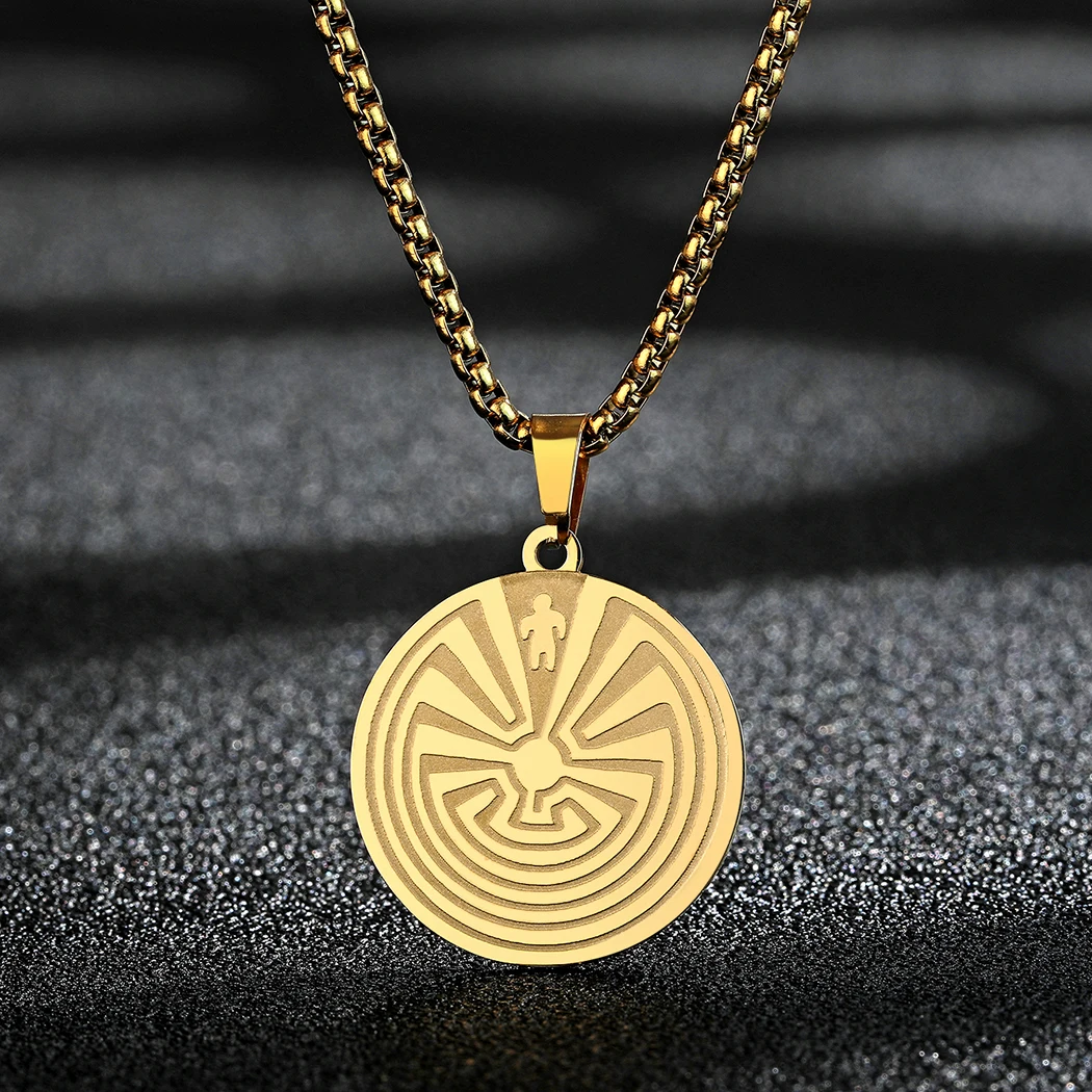 Kinitial Labyrinth Pendant Necklace For Men Women Stainless Steel Maze Jewelry Amulet Necklace Gift