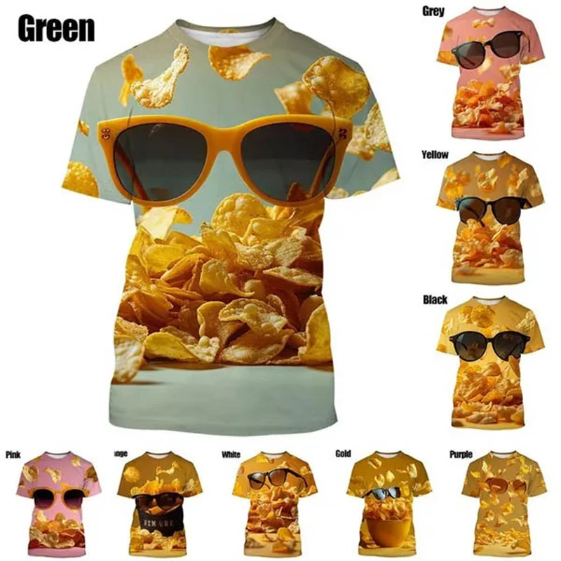 Camiseta con estampado 3D para hombre y mujer, camisa informal de manga corta con cuello redondo y estampado de patatas fritas, novedad