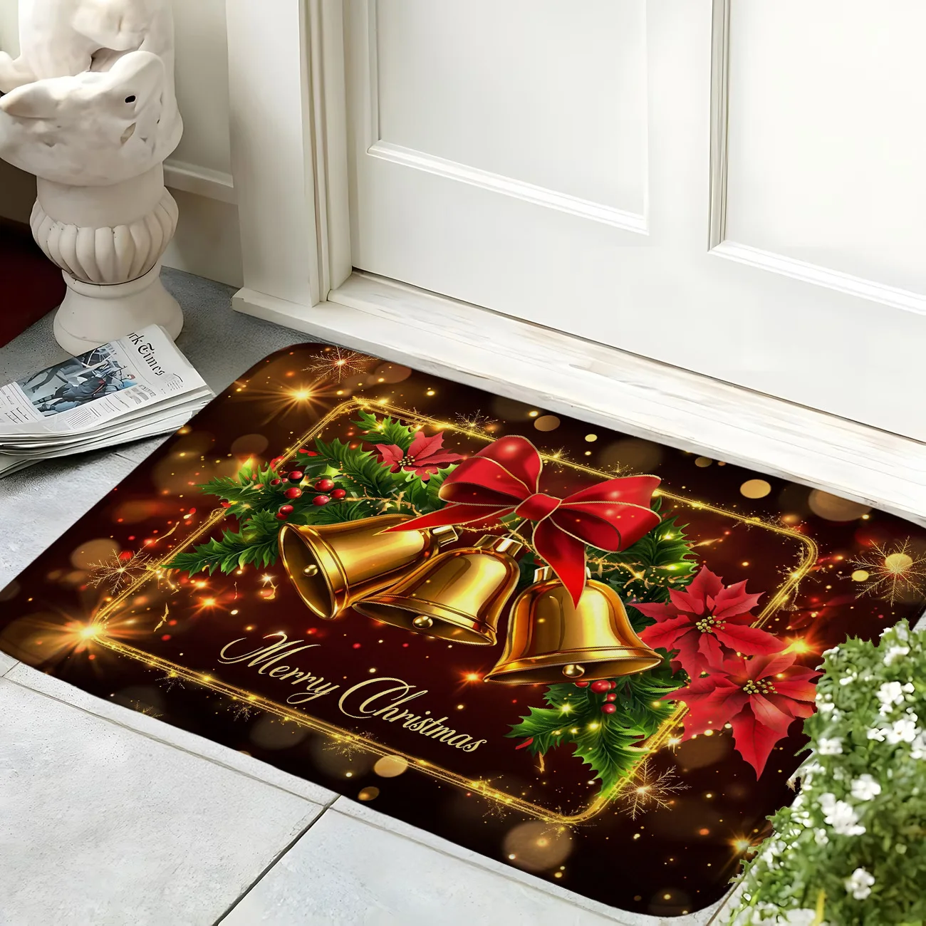 2D Flat Golden Bell Red Bow Poinsettia Christmas Pattern Rug, Non‑Slip Washable Mat for Living Room Bedroom Hallway Indoor Decor