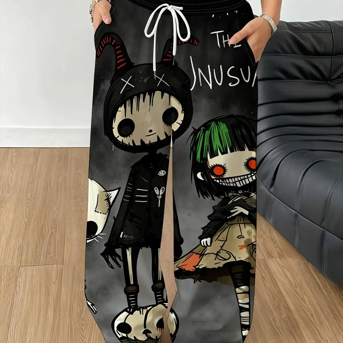 New Anime print Model women Gothic Vertical Graphic Wide Leg Sweatpants Drawstring Loose Straight Y2K Dark Punk Streetwear Pants