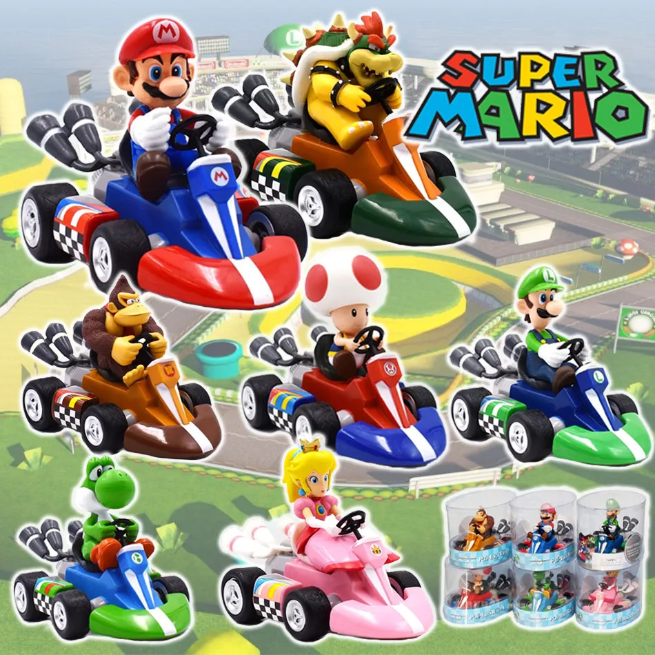 

Super Mario Bros Karting Luigi Bowser Princess Peach Yoshi Toad Action Figure Toys Pull Back Car Anime Game Doll Gifts for Kids