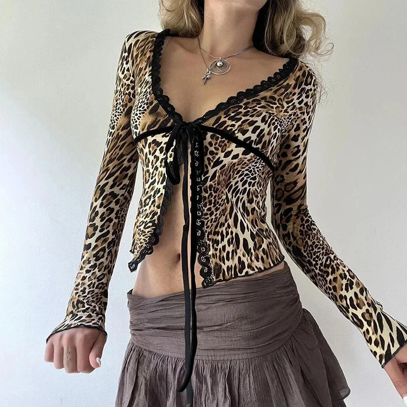 Women's Sexy Leopard Print Long Sleeve Cardigans V-neck Lace Patchwork Shirts Vintage Brown Slim -fit Tops Streetwear T-Shirts