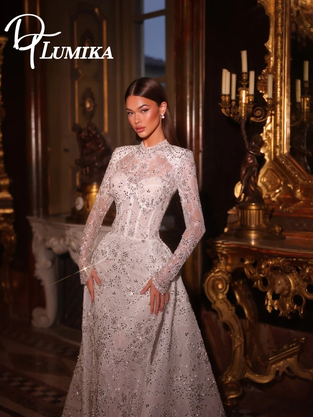 

Classic Beaded A-line High Neck Long Sleeve Wedding Dress Elegant Sophistication Dazzling Accents Bridal Gown Vestidos De Novia