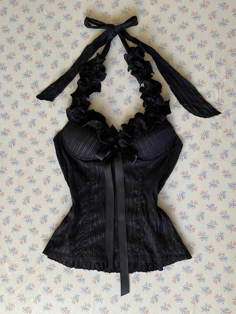 French Pure Desire Sexy Lace-up Vest Women Bow Sling Millennium Sweet Spice Girl Y2k Tops New Retro Hot Chick Aesthetic Clothing