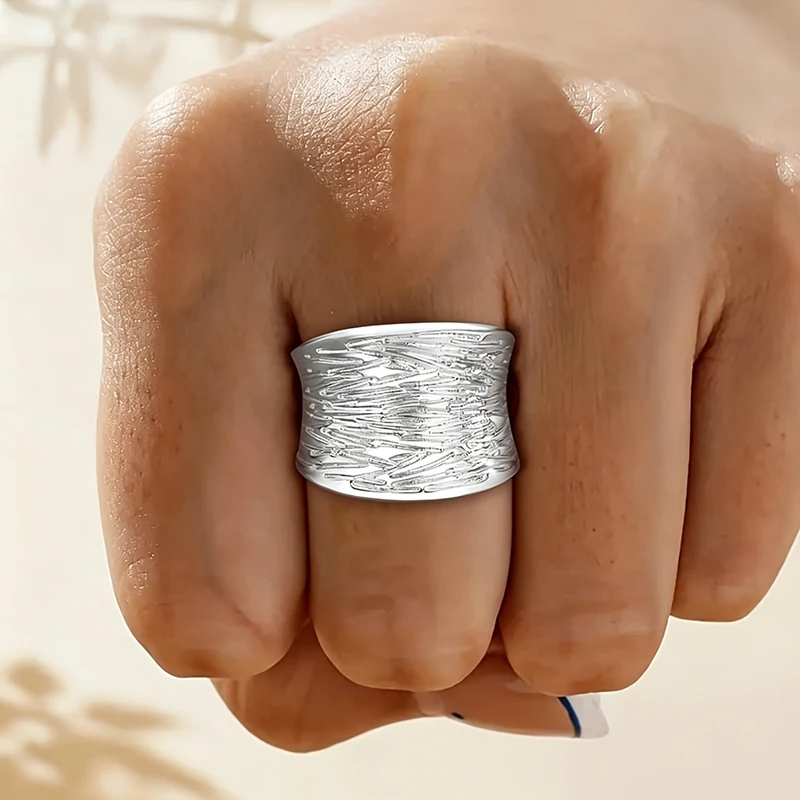 Huitan Exaggerated Wide Band Ring for Women Silver Color Hammered Textured Metal Statement Rings Daily Party Fashion Jewelry
