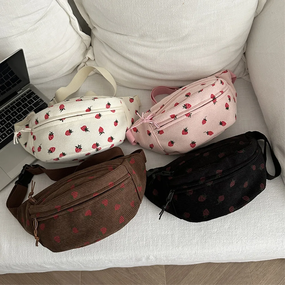

Shoulder Bag for Women with Strawberry Print Bum Bag Corduroy Cute Waist Bag Adjustable Strap Sling Bag for Sports Travel