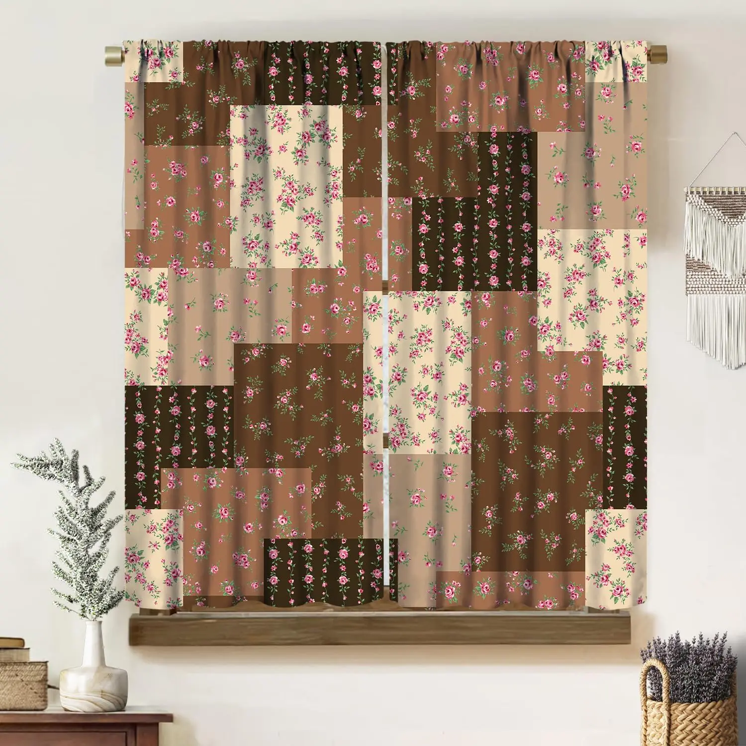 Boho Floral Curtains, Vintage Rustic Romantic Pink Rose Figure On Brown Tone Cloth Patchwork, Thermal Insulation Rod Pocket