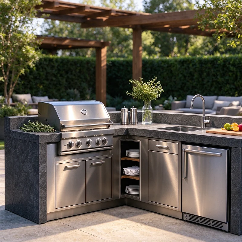 Modular Outdoor Kitchen BBQ Pod Island Grill Station Aluminum Pergola Stainless Steel Cabinet Sink Fridge Shed Patio Gatherings