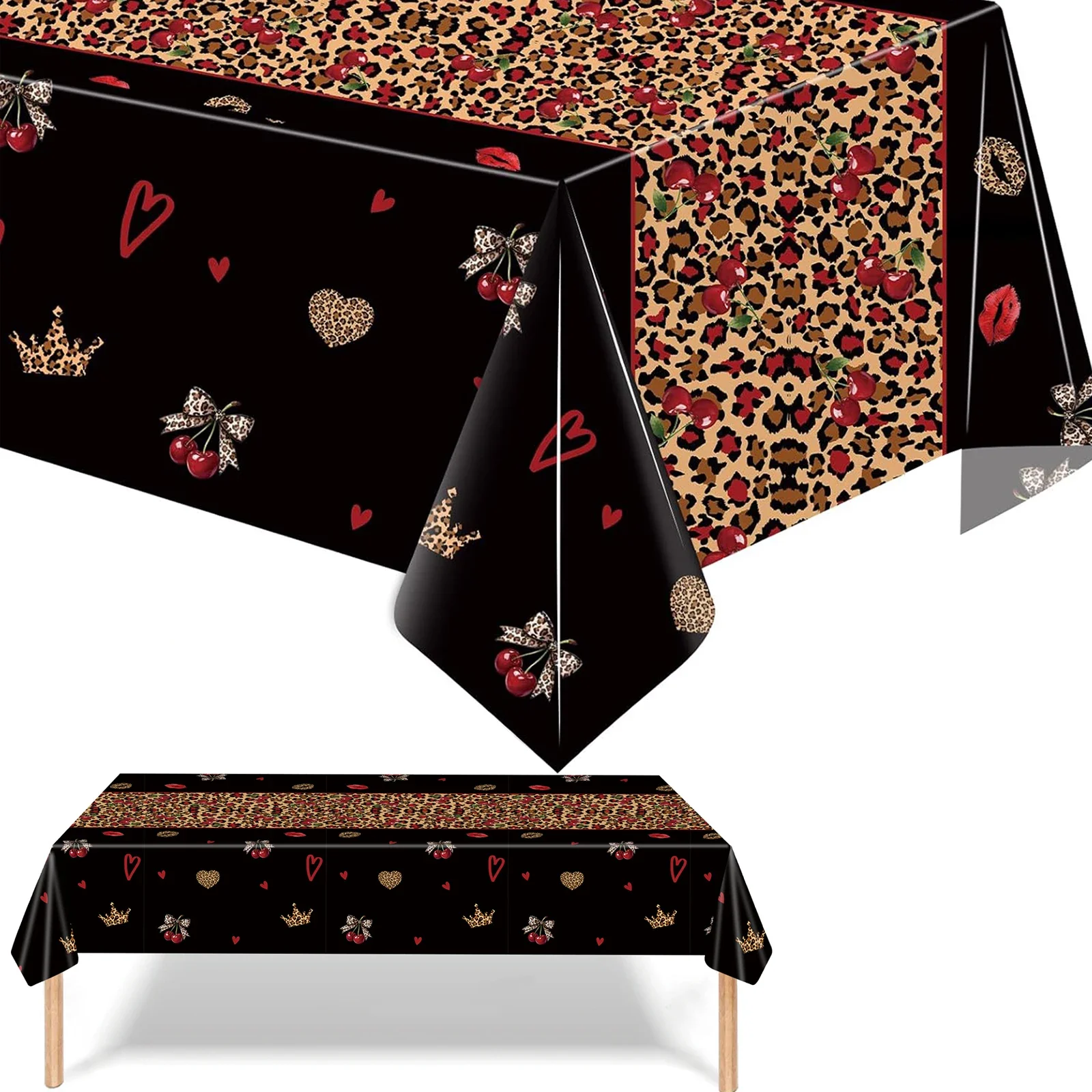Cheetah Cherry Tablecloth Red Black Leopard Cheetah Print Plastic Table Cover for Bridal Shower Girls Birthday Party Decoration