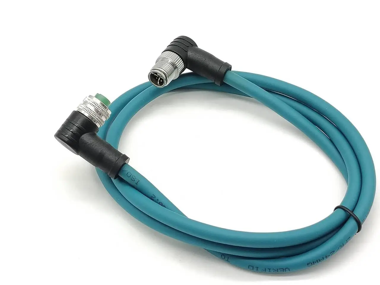 M12 X Code to D Code Cable - 8 Pin Male to 4 Pin Female, 1M Blue Right Angle, IP67 Waterproof, Thread Locking Cordsets