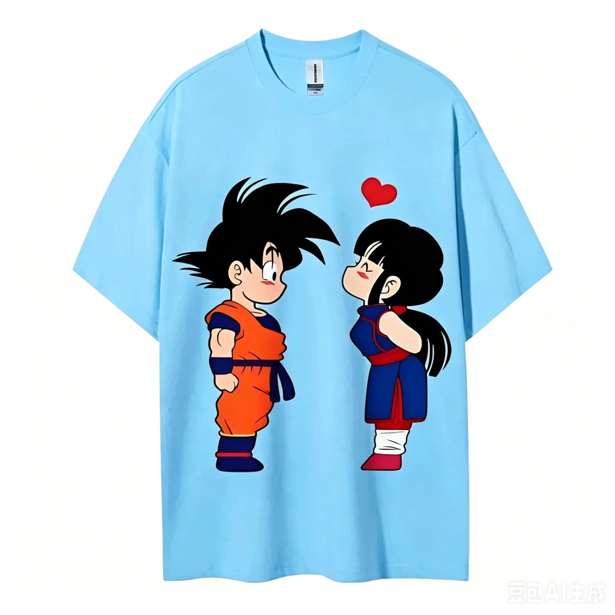 Dragon Ball Q Version Goku Chichi Love Heart Couple T-Shirt Boys Girls Cute Anime Breathable Short Sleeve Casual Streetwear Tops