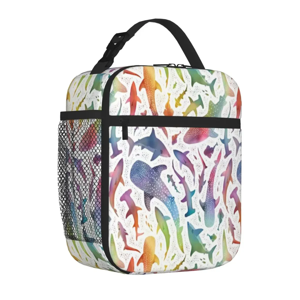 Hot Sale Rainbow Shark Ocean On White Three Compartment Carry Lunch Bag Lawn Dining Thermal Tote