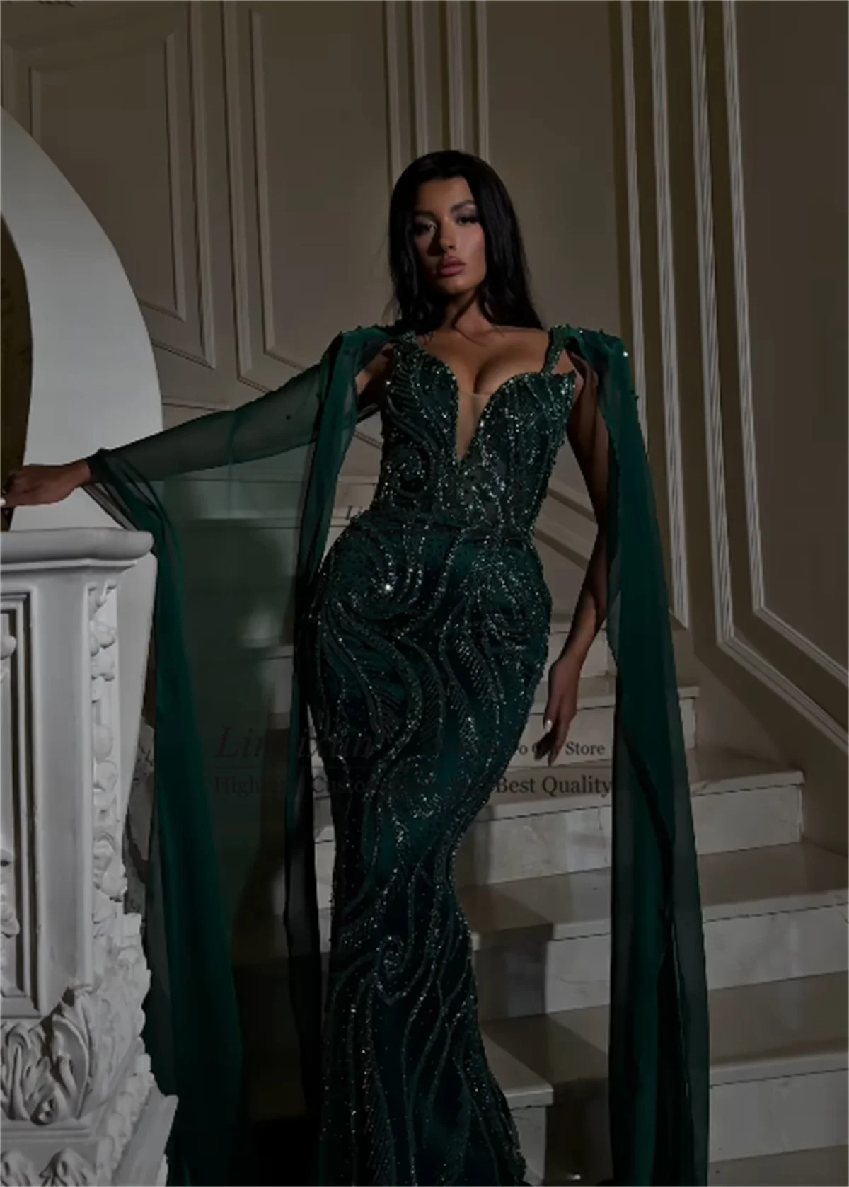 아랍 스타일 스팽글 머메이드 프롬 드레스, 케이프 소매, 맞춤형 반짝이 라인스톤 아소 에비 이브닝 가운, 아프리카 웨딩 파티 드레스