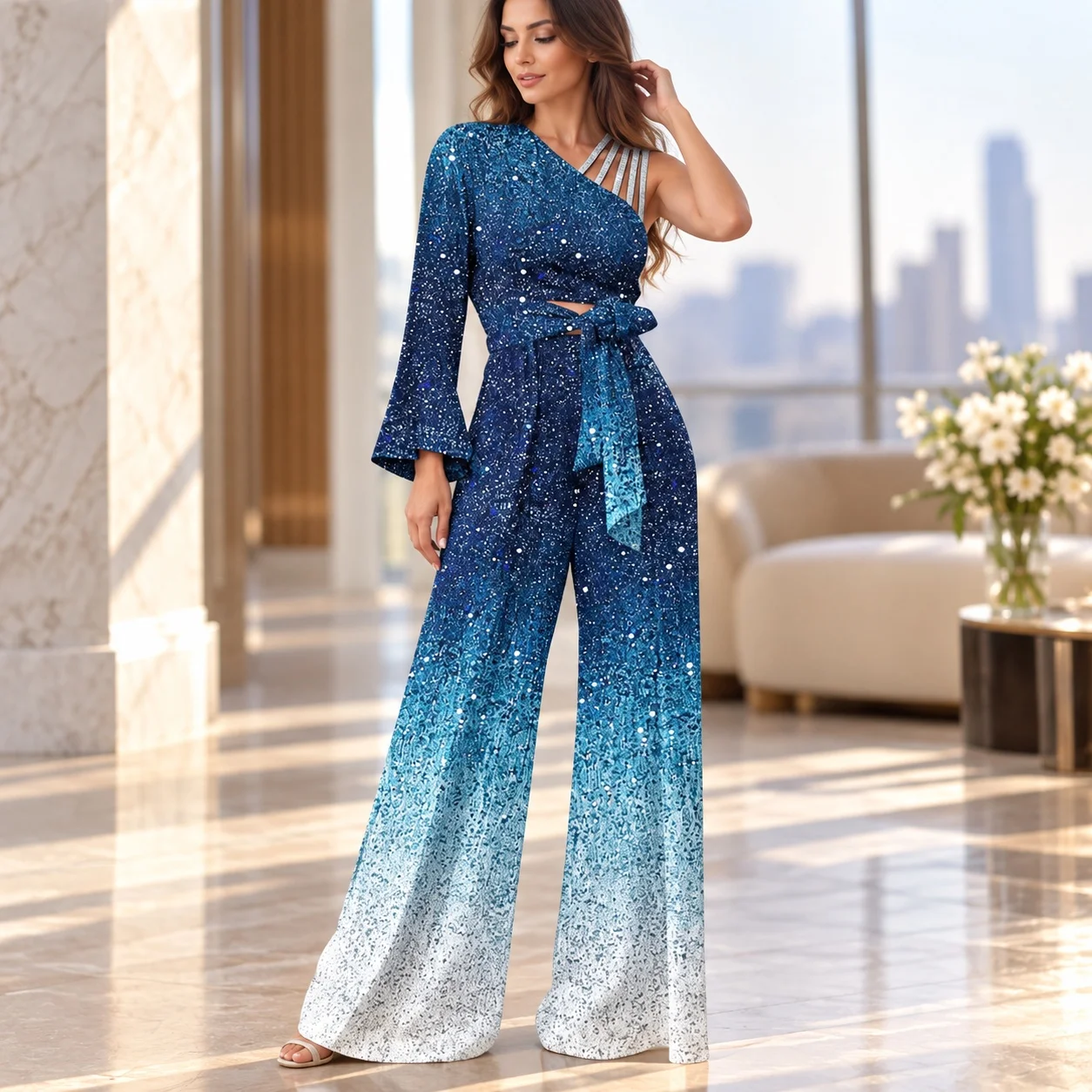 Printed Off Shoulder Pants with Loose Fit Mid Waist Full Length Long Sleeve Straight Leg Elegant Commuting Women Jumpsuit